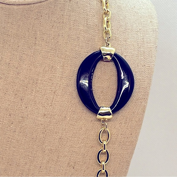Chico’s  35’ Necklace Gold Tone with Navy Blue Oval and Square Accents. - Picture 3 of 9